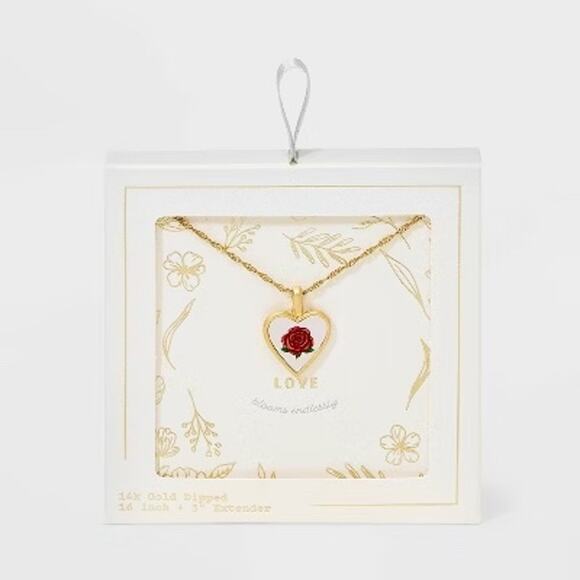 Target Love Blooms Endlessly 14K Gold Dipped Heart Necklace with Red Rose 16” - Picture 1 of 4